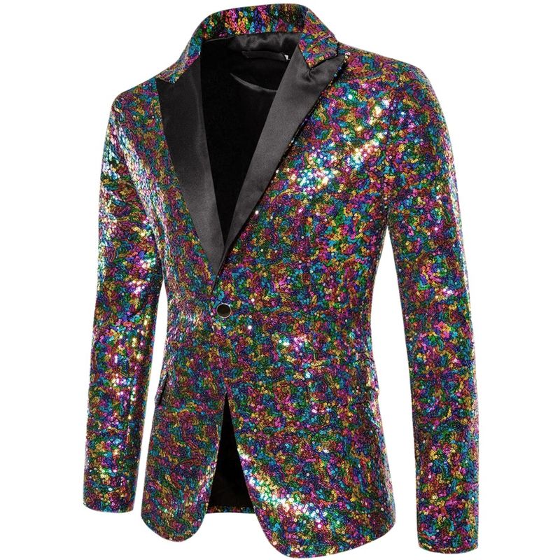 INSPIRE CHIC Men's Peak Lapel Color Block Shiny Sparkle Sequin Blazer Multicolor Medium