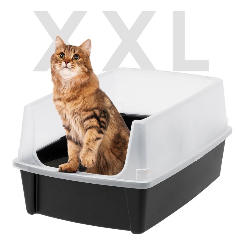 IRIS USA Extra Large Open Top Cat Litter Box with Scatter Shield, Sturdy Easy to Clean Open Air Kitty Litter Pan with Tall Spray, Black