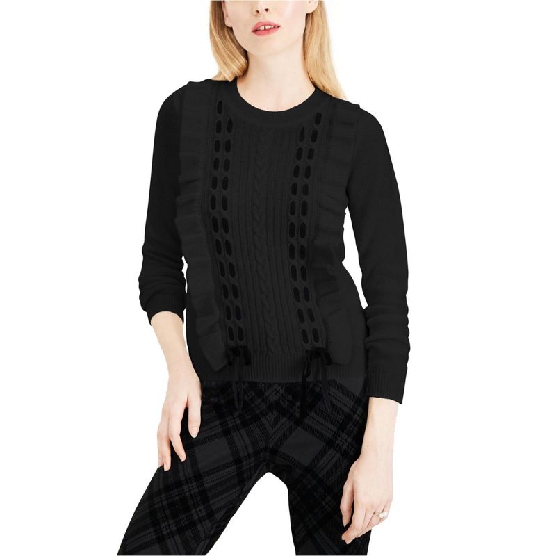 maison Jules Womens Ruffle Lace Pullover Sweater, black, Small