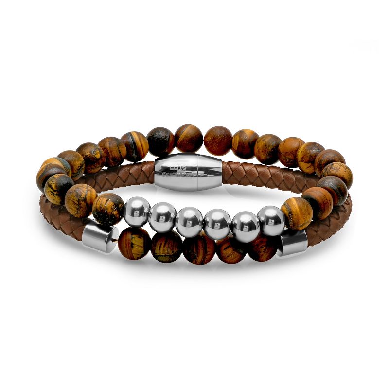 Steeltime Men's set of 2 stainless steel tiger eye beaded and brown leather tiger eye beaded bracelets. Color Options: Silver, Gold