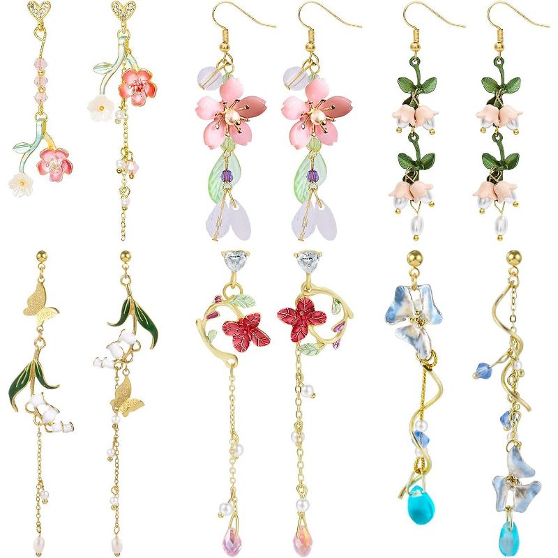SmallRig 6 Pairs Floral Dangle Earrings Set, Hypoallergenic Pearl Leaf Tassel Statement Jewelry