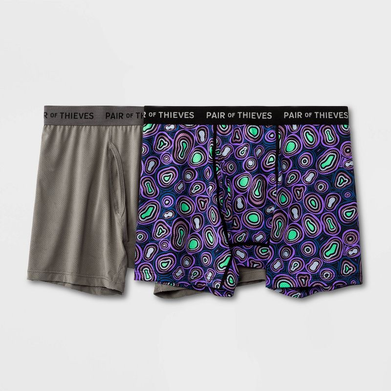 Pair of Thieves Men's Super Fit Boxer Briefs 2pk - Purple/Green Amoeba S: Mid Rise, Microfiber, Elastic Waistband