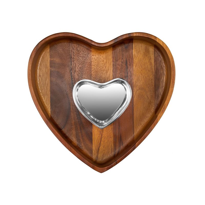 Nambé Heart Chip & Dip Serving Set – 11.75" Acacia Wood Platter with Removable Alloy Heart Bowl