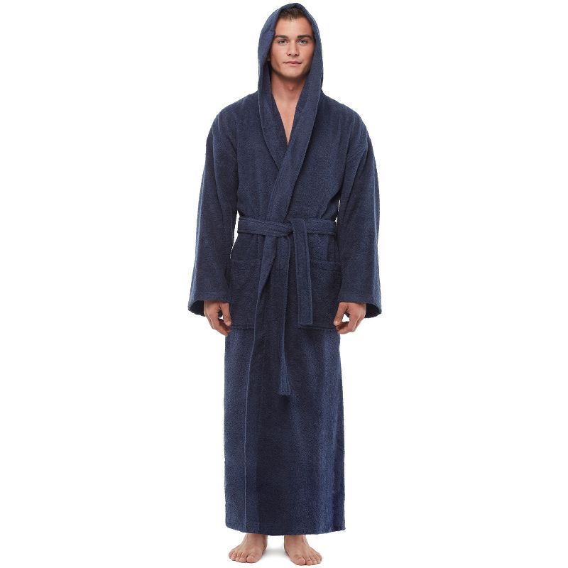Arus Men's Turkish Terry Cotton Hooded Robe, Full Length Long Bathrobe with Hood , Dark Blue , Small/Medium