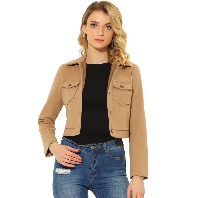 Allegra K Women's Button Front Long Sleeve Crop Shirt Jackets with Pockets Khaki Large
