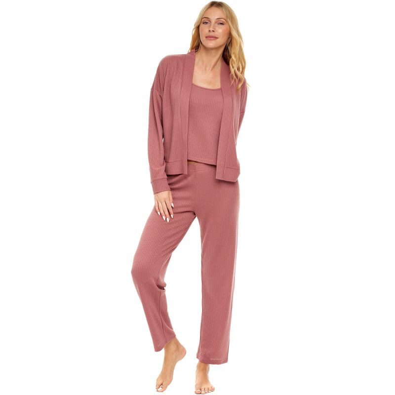 ADR Women's Ribbed Knit Cardigan Thermal Sleepwear Set Hip Length Jacket, Cami Top and Pajama Pants Rose Taupe Small