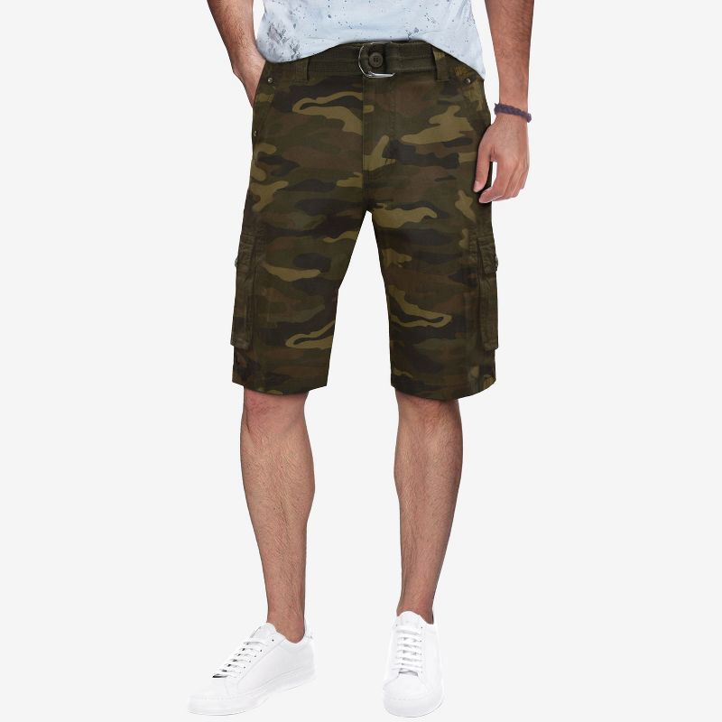 RAW X Men's Belted 12.5" Inseam Cargo Shorts,Camo Shorts in BROWN CAMO Size 36