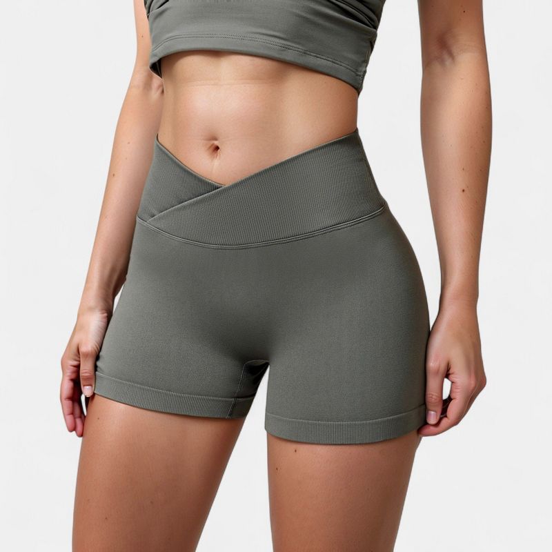 Anna-Kaci Active Women's High Waist Seamless Ribbed Biker Shorts with Crossover Waistband and Compression Fit - Medium, Gray