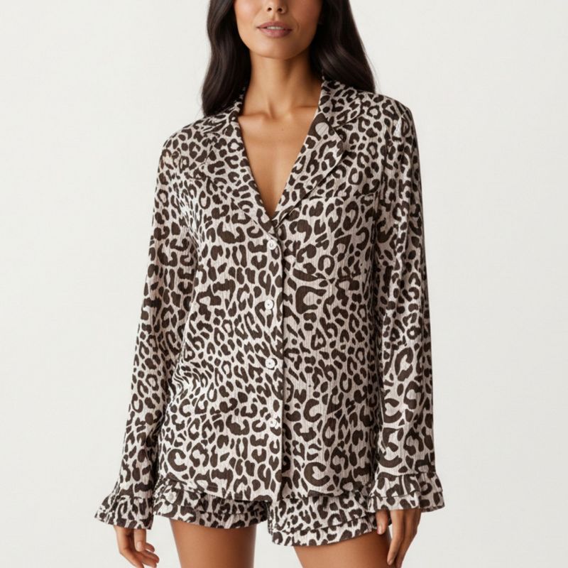 Anna-Kaci Lounge Women's Button-Down Leopard Print Pajama Set with Ruffled Hem Shorts - Small, Brown