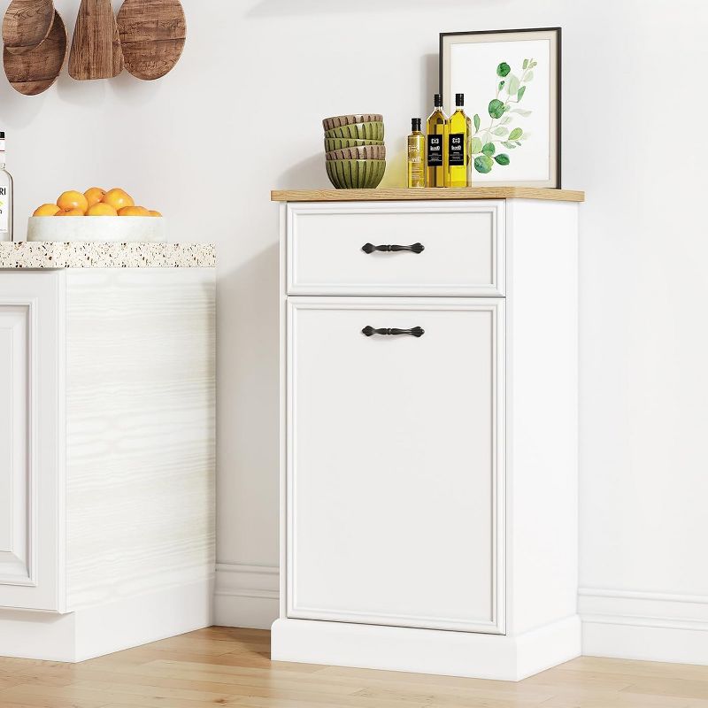 10 Gallon Tilt Out Trash Cabinet, Freestanding Kitchen Trash Bin Cabinet with Hideaway Drawer, Pet Proof Wooden Garbage & Recycling Cabinet, White