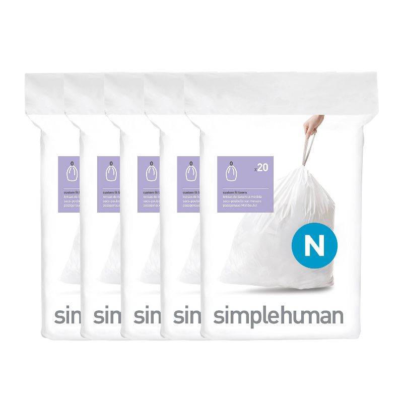 simplehuman 45-50L Code N Custom Fit Kitchen Trash Bag Liners: Quick-Dispense, Drawstring, 100ct, Tall Kitchen