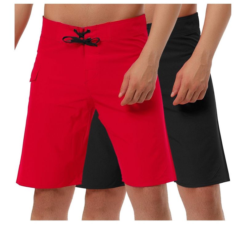 Lars Amadeus Men's Solid Color Elastic Waist Drawstring Beach Board Shorts 2 Pack Black/Red 36