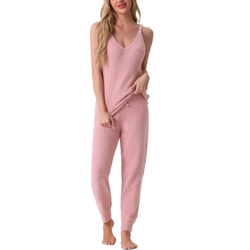 cheibear Women's Fluffy Fleece Thick Plush Sleeveless Cami Joggers 2 Piece Pajama Set Pink Small
