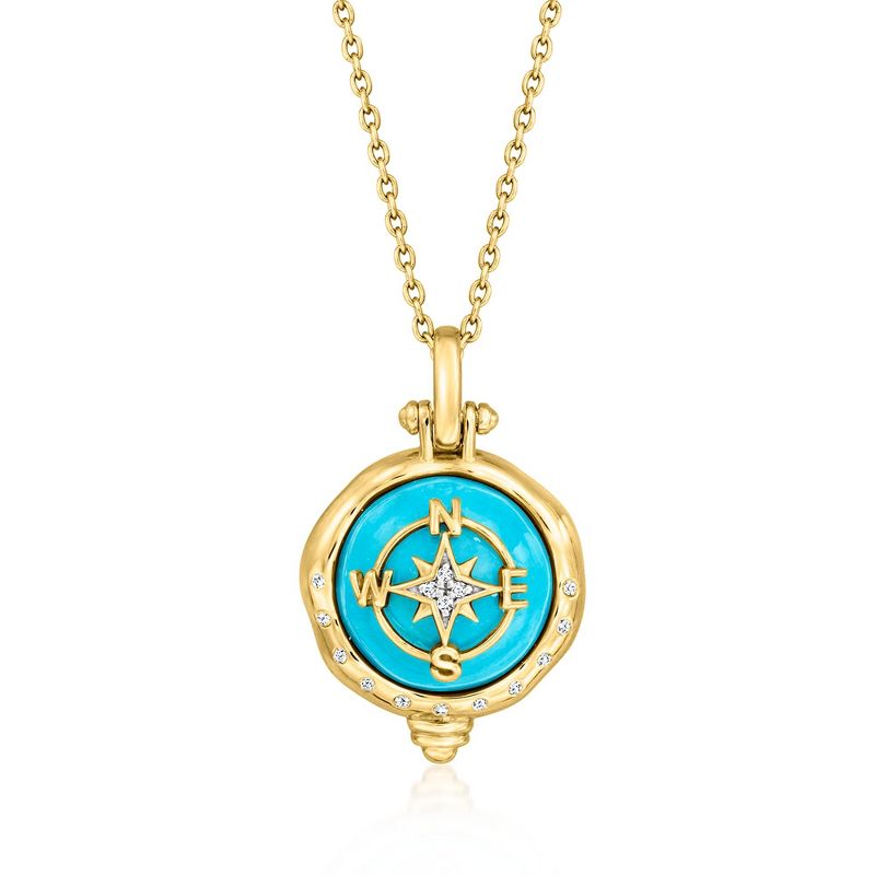 Ross-Simons Turquoise Compass Pendant Necklace in 18kt Gold Over Sterling Size 18