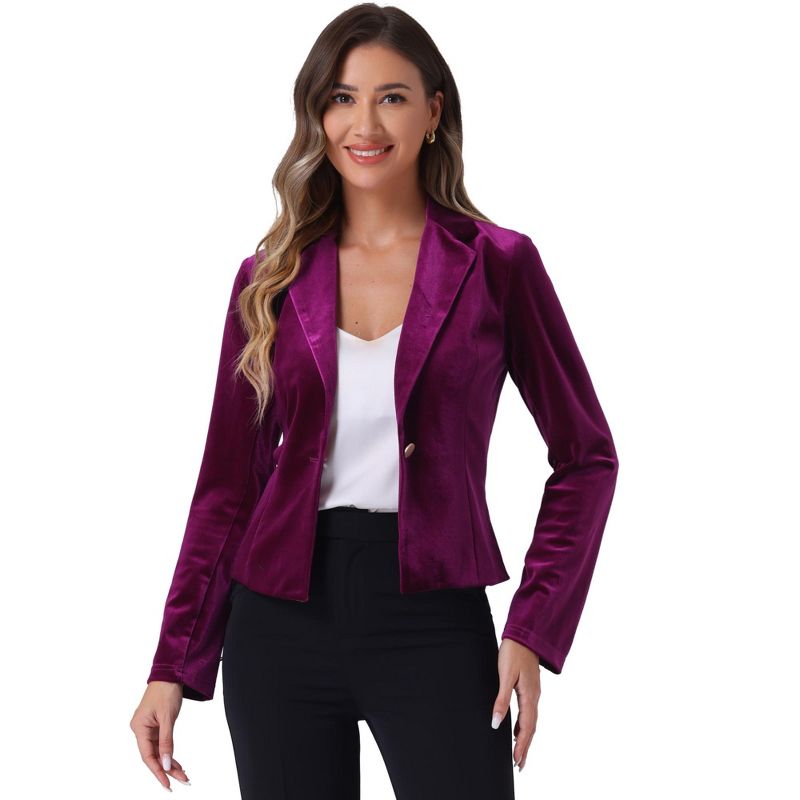 INSPIRE CHIC Women's 1 Button Lapel Collar Business Office Crop Suit Velvet Blazer Deep Purple Medium