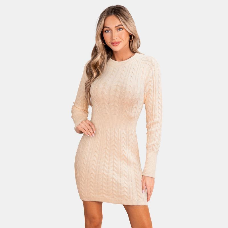 Women's Black Cable Knit Long Sleeve Mini Sweater Dress - Cupshe-M-Beige