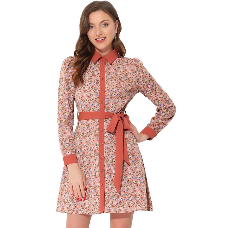 Allegra K Women's Contrast Collar Button Front Vintage Long Sleeve Floral Shirt Dresses Pink Large