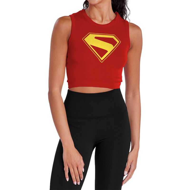Women's Superman 2025 Gold Shield Sleeveless Crop Top Tank, Red, Large
