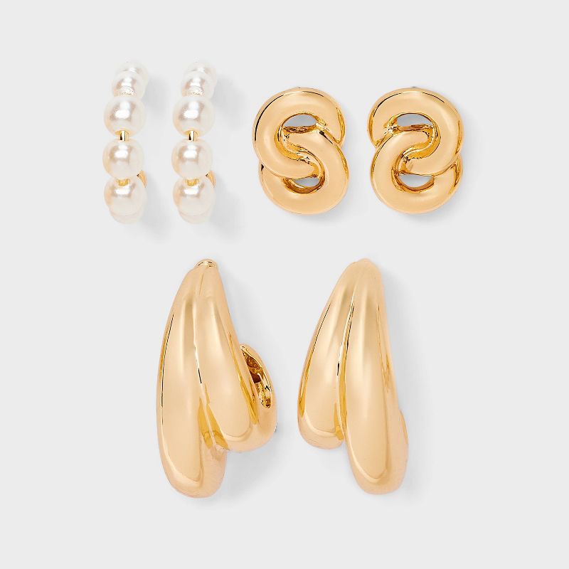 Hoop and Stud Crystal Earring Set 3pc - A New Day™ Gold: Hypoallergenic Zinc, Post Closure, 18+ Age
