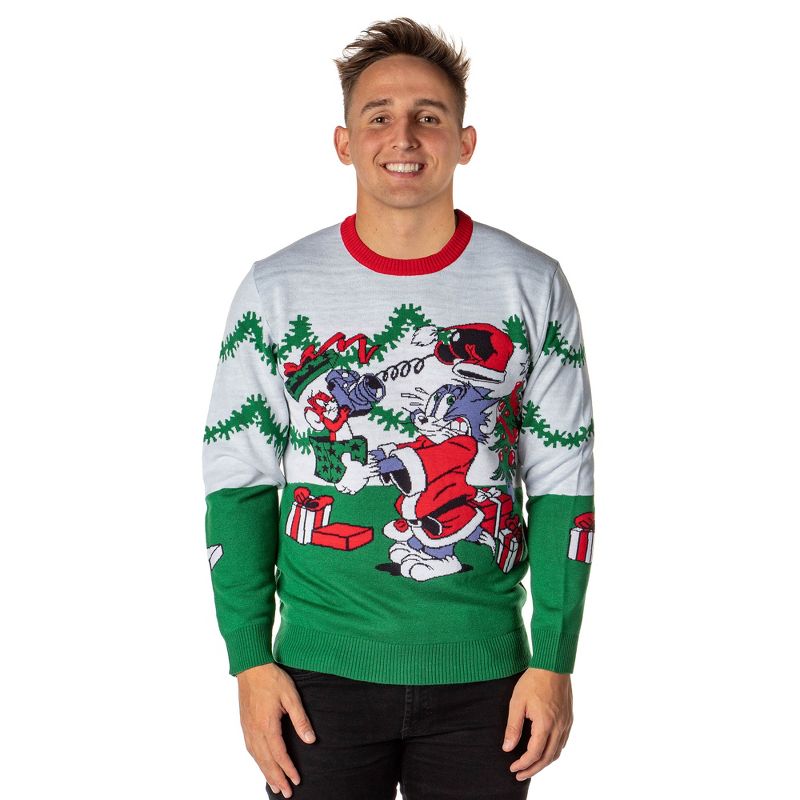 Tom And Jerry Men's Surprise Christmas Present Ugly Sweater Knit Pullover (Small) White