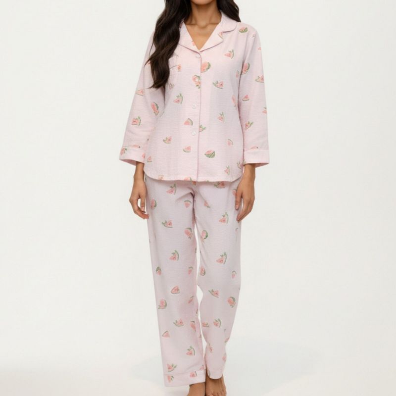 Anna-Kaci Lounge Women's 2-Piece Set Heart Print Button Front Pajama Top with Relaxed Long Sleeves and Matching Elastic Waist Pants - Small, Pink