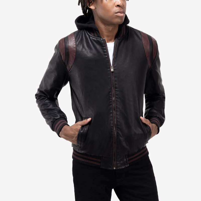 X RAY Mens Motorcycle PU Leather Jacket With Faux Shearing Lining in BLACK/BURGUNDY Size Large