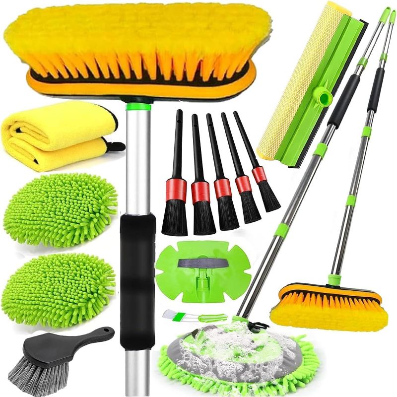 16-in-1 Car Wash Brush Kit with 62" Pole, Squeegee, Tire Brush & Detailing Tools for Complete Clean