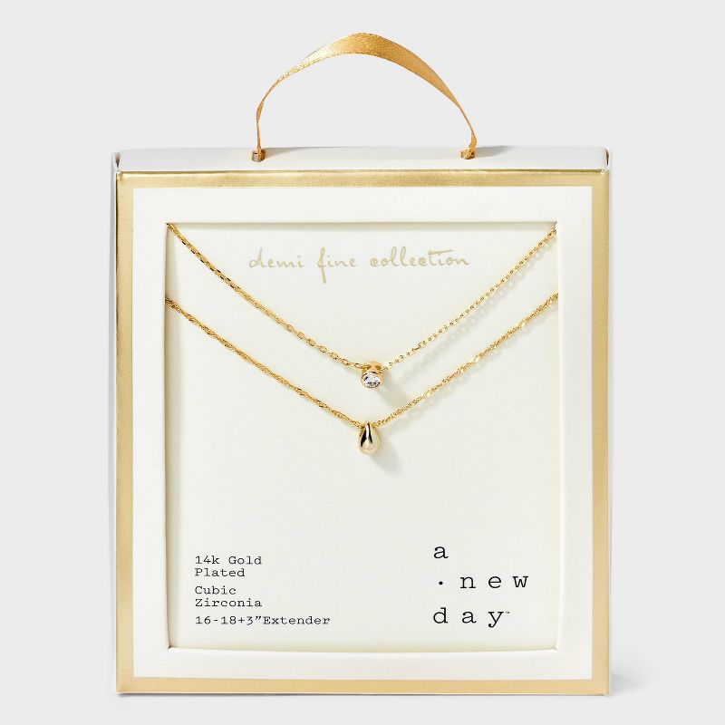 14K Gold Plated Bezeled Cubic Zirconia Teardrop Multi-Strand Necklace - A New Day™: Polished Brass, Gift Box Included