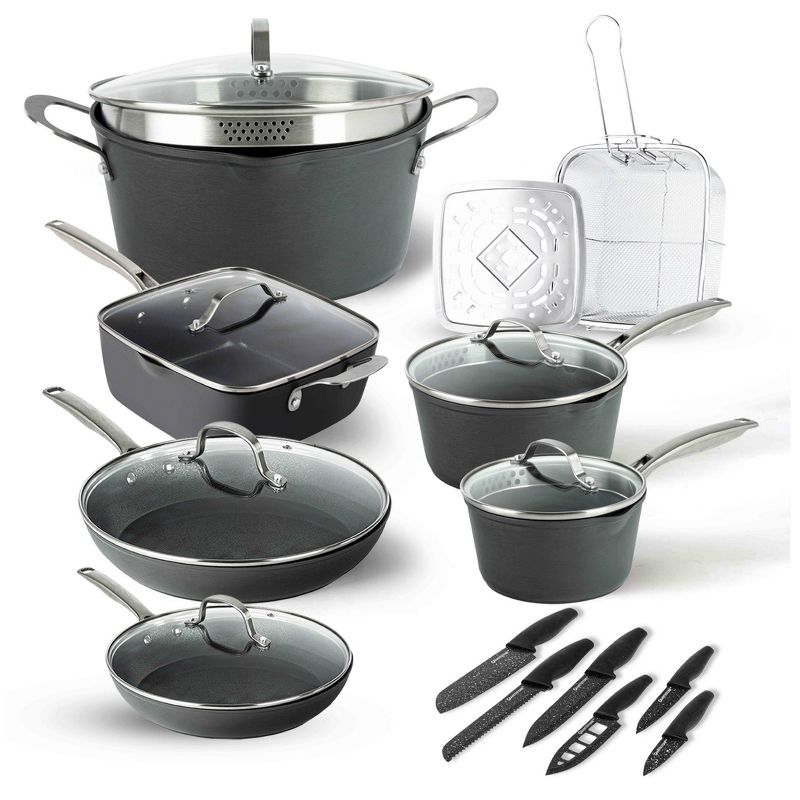 Granitestone Armor Max 20 Pc Hard Anodized Nonstick Cookware Set, Induction Pots and Pans Set with 6 Piece Nutriblade Knife Set