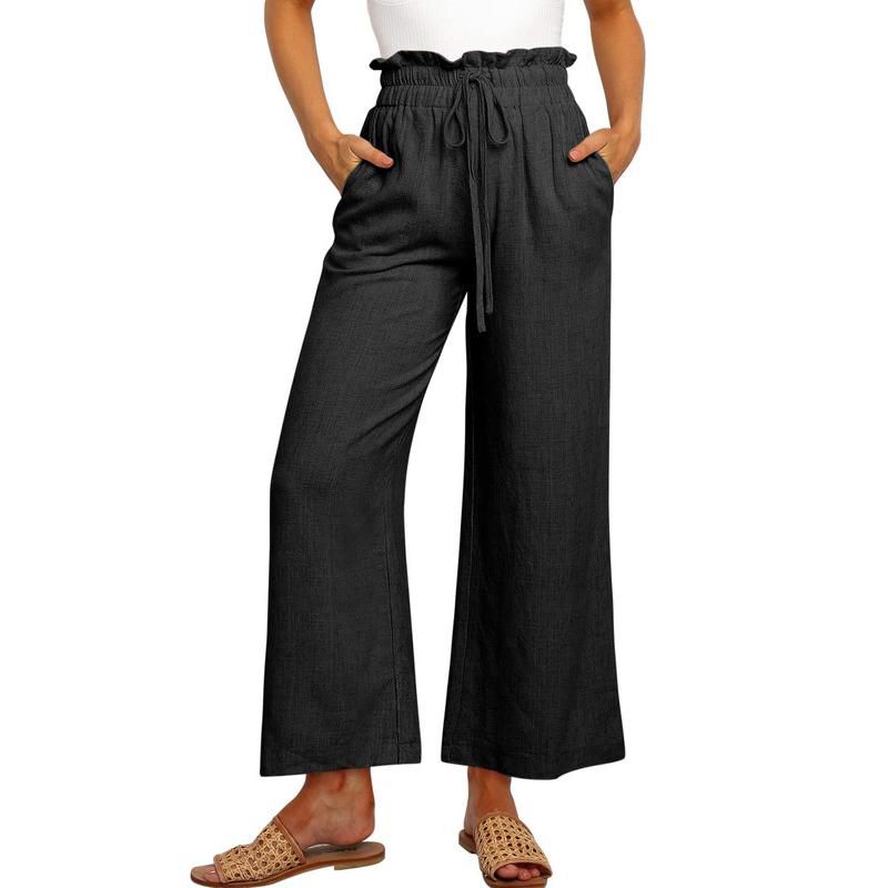 Garvee Womens Wide Leg Pants Casual High Waist Elastic Drawstring Loose Flowy Trousers with Pockets Black Small