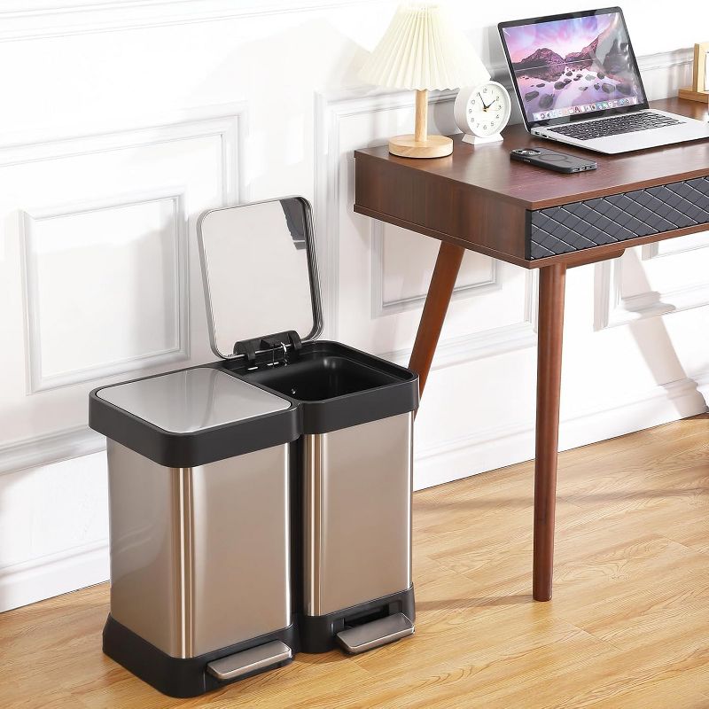 2x6.6 Gal (2x25L) Trash Can, Stainless Steel 2 Compartments Trash Can with Recycling Bin, Soft-Close Lid, Step-on Garbage Bin (No Inner Buckets)