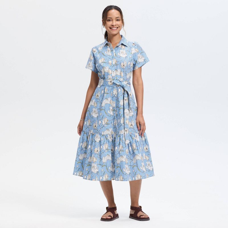 Women's Button-Down Short Sleeve Midi A-Line Dress - Universal Thread™ Blue Floral L