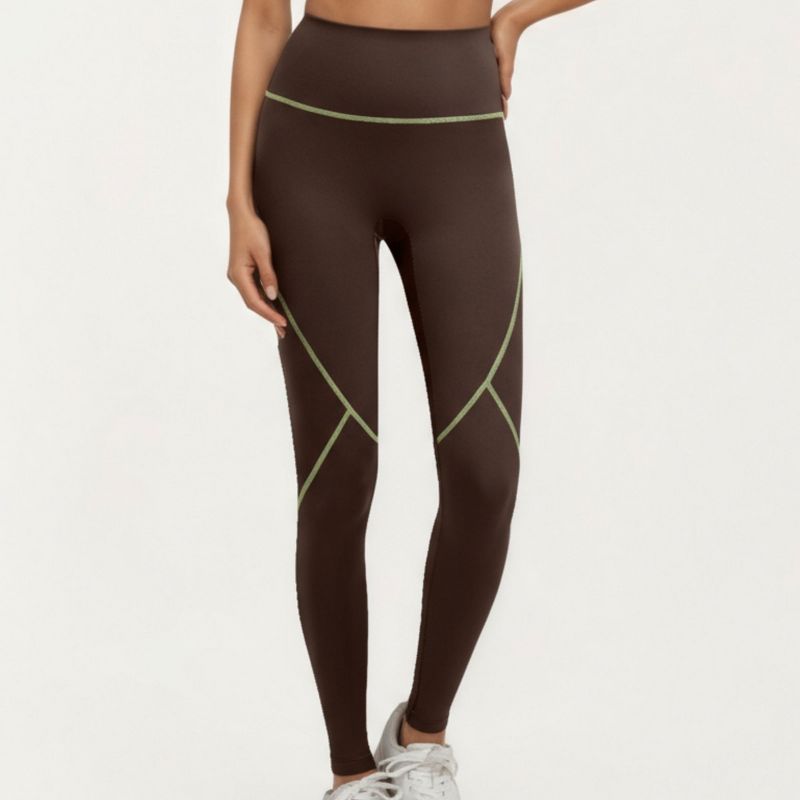 Anna-Kaci Active Women's High Waist Leggings with Contrast Seam Detailing and Stretch Compression Fit - Medium, Brown