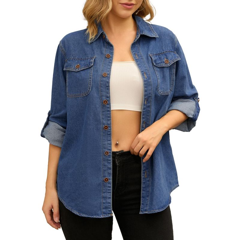 INSPIRE CHIC Women's Long Sleeve Button Down Turndown Collar Jean Denim Jacket with Pocket Blue Small