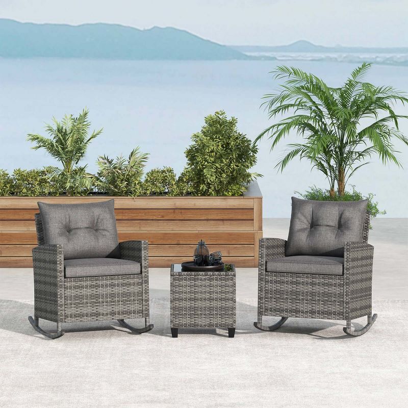 Costway 3 PCS Patio Wicker Rocking Set with Tempered Glass Table & Soft Cushions Outdoor Gray