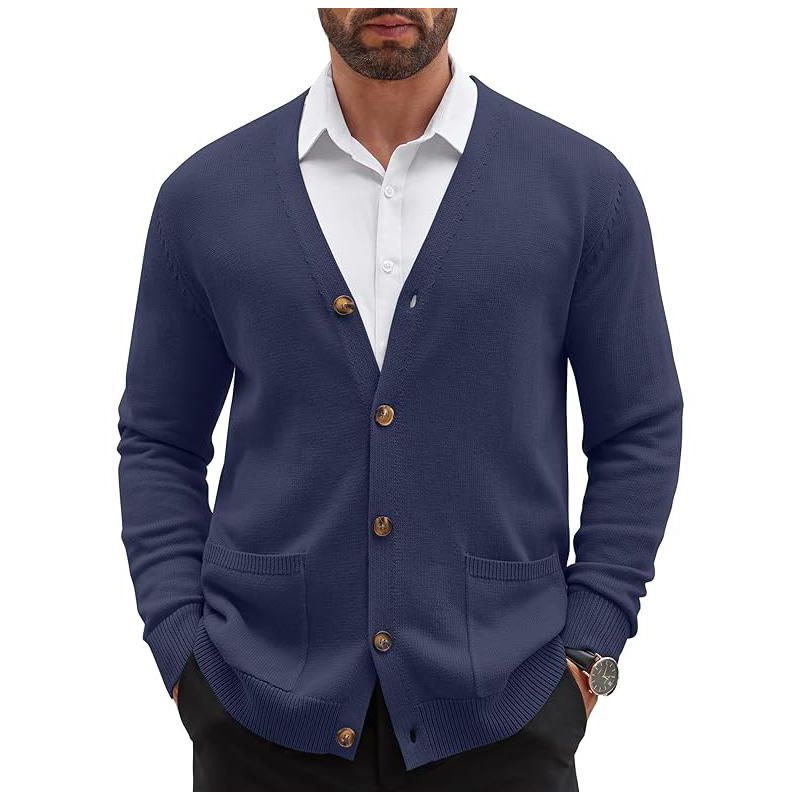 COOFANDY Men's Cardigan Sweater Long Sleeve Casual V Neck Button Down Knitted Sweater with Pockets Navy Blue S