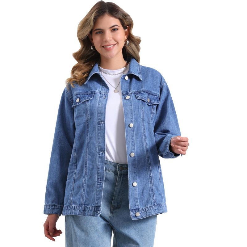 Allegra K Women's Oversized Long Sleeve Pocket Long Jean Jacket Medium Light Blue