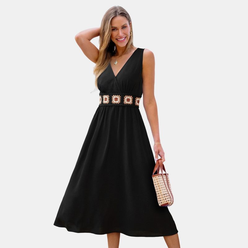 Women's V-Neck Sleeveless Maxi Dress with Boho Crochet Waist - Cupshe-S-Black