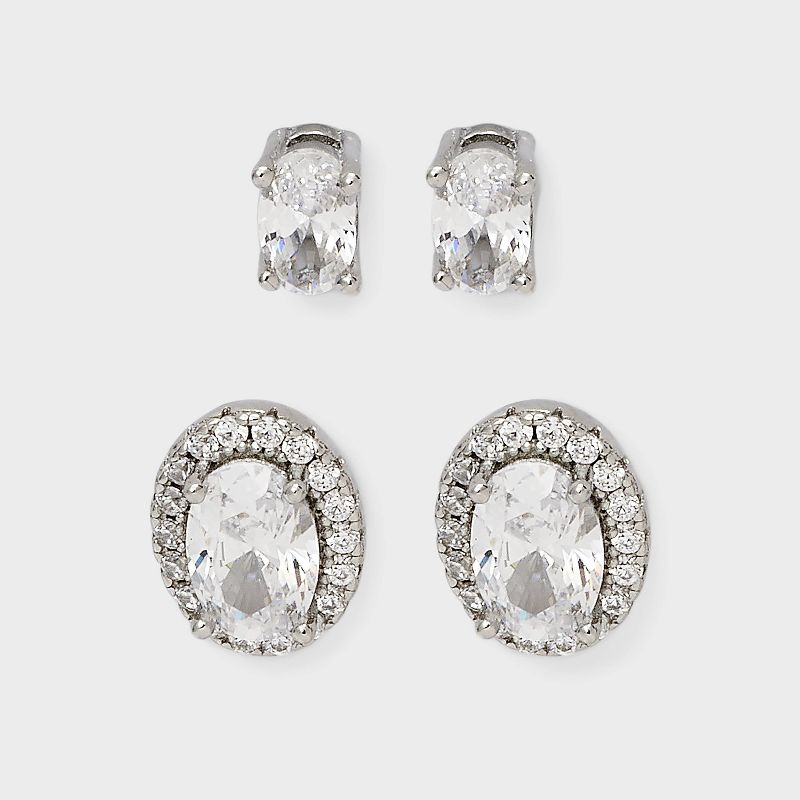 Sterling Silver Cubic Zirconia Oval Shape with Halo Stud Earrings - A New Day™ Silver