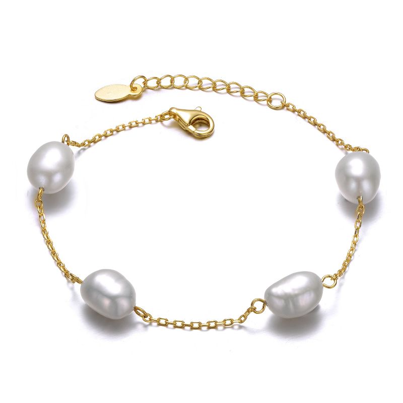 Guili 14K Gold Plated Freshwater Pearl Station Bracelet in Sterling Silver for a Simple Classic and Graceful Jewelry Accent, Elegant Design