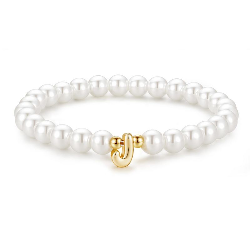 Turandoss Gold Initial Bracelets for Women Girls - Dainty Beaded Pearl Bracelets for Kids, Charm Letter Bracelet for Girl, Christmas Gifts, 6.5In, J
