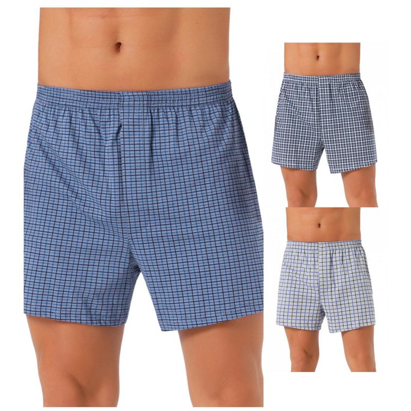 INSPIRE CHIC Men's 3 Pack Elastic Waistband Plaid Pattern Boxer Shorts 1 Dark Blue 1 Gray 1 Navy Blue 32