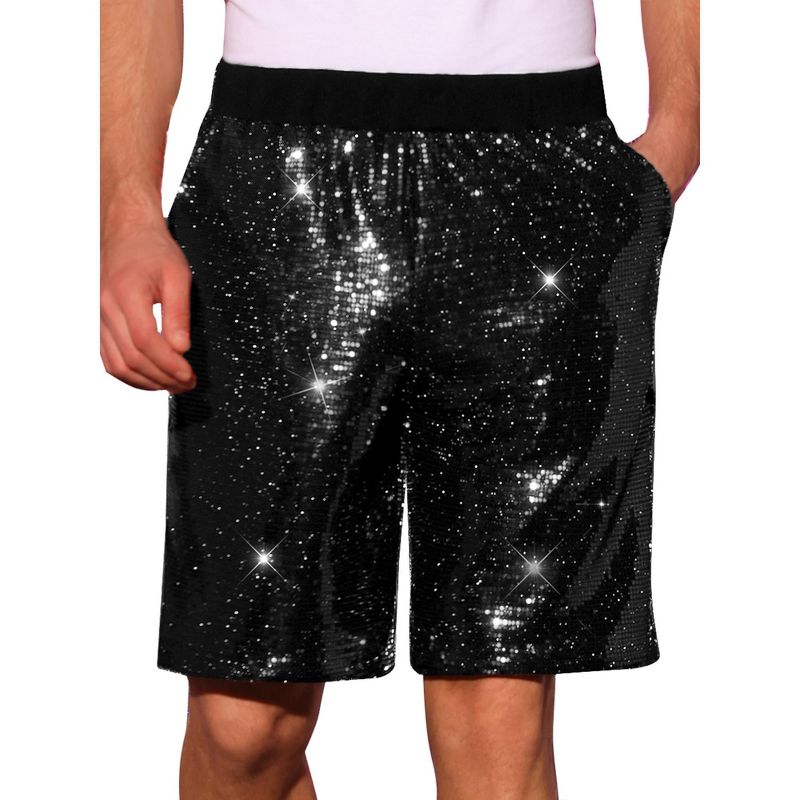 INSPIRE CHIC Men's Summer Elastic Waist Party Shiny Sequins Shorts 32 Black