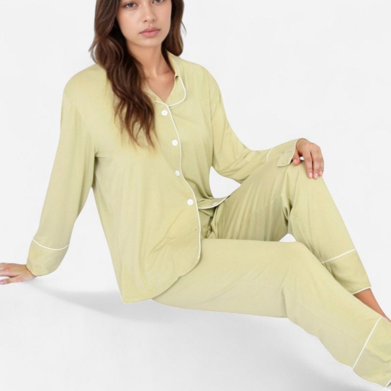 Anna-Kaci Lounge Women's Long Sleeve Button Front Pajama Set with Contrast Piping Trim - Medium, Green