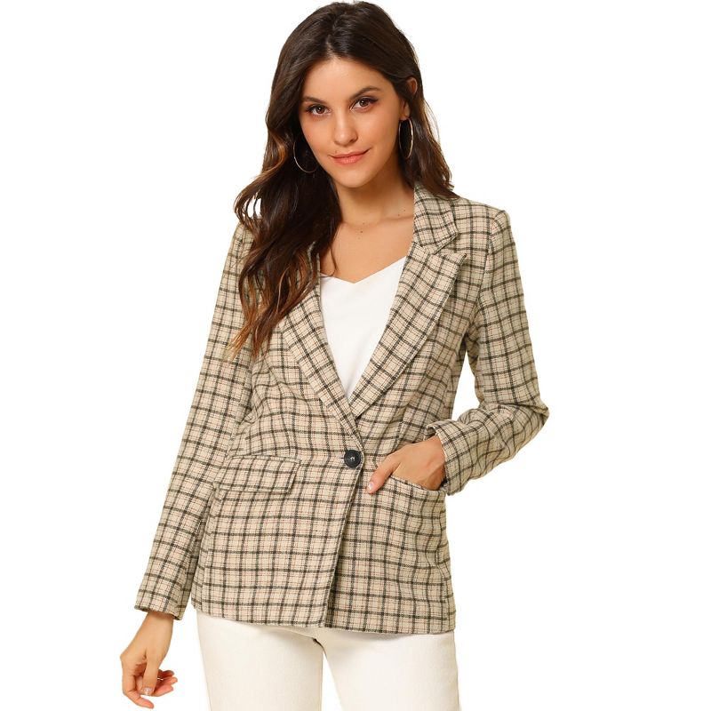 INSPIRE CHIC Women's Notched Lapel One Button Houndstooth Work Plaid Suit Blazer Medium Khaki
