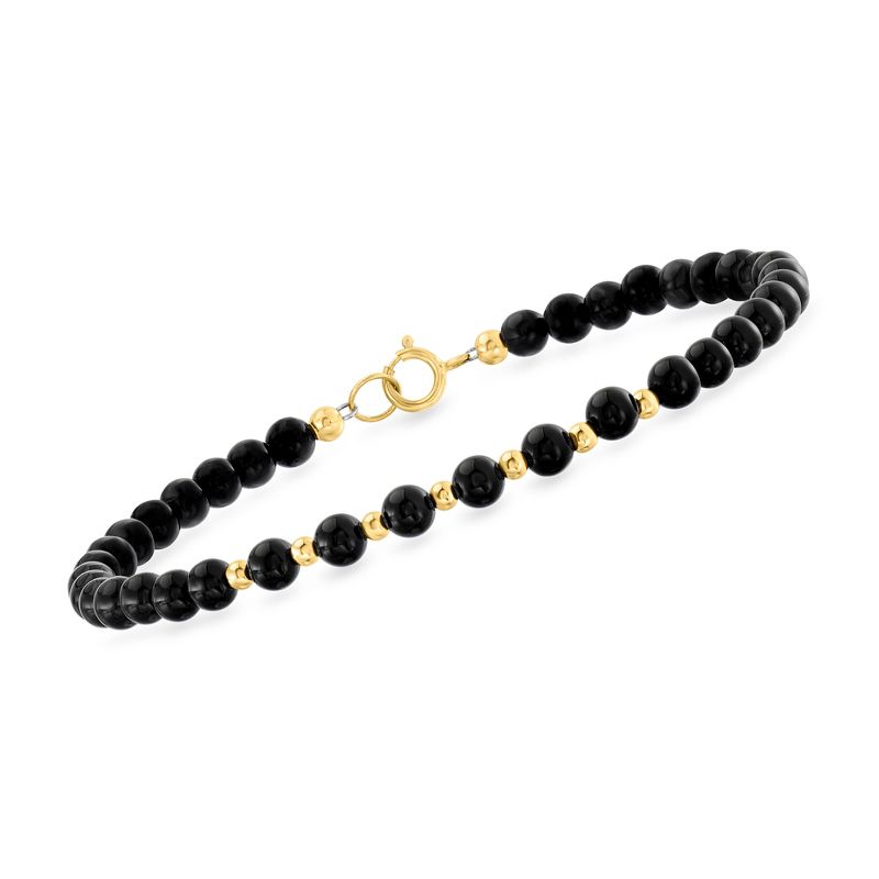 Ross-Simons 4-4.5mm Onyx Bead Bracelet in 10kt Yellow Gold Size 7