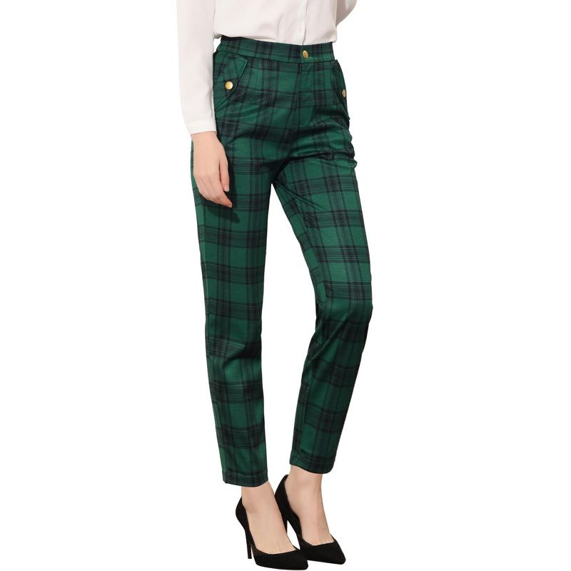 INSPIRE CHIC Women's Vintage Tartan Plaid Elastic Waist Straight Long Trousers 2 Packs 2 Packs Green Small