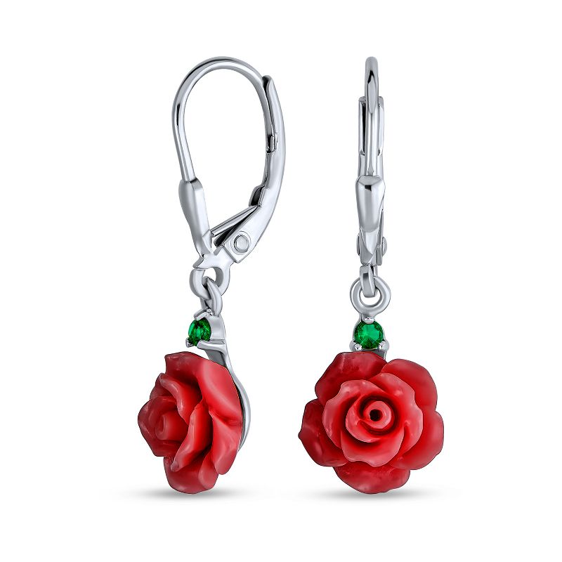 Bling Jewelry Romantic Craved Floral 3D Red Rose Flower Stud Earrings Sterling Silver Lever back Color - Red