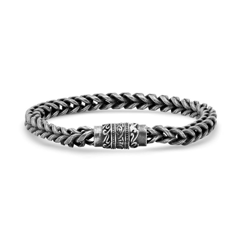 Steeltime Mens oxidized stainless steel wheat link bracelet with antique accentsclasp