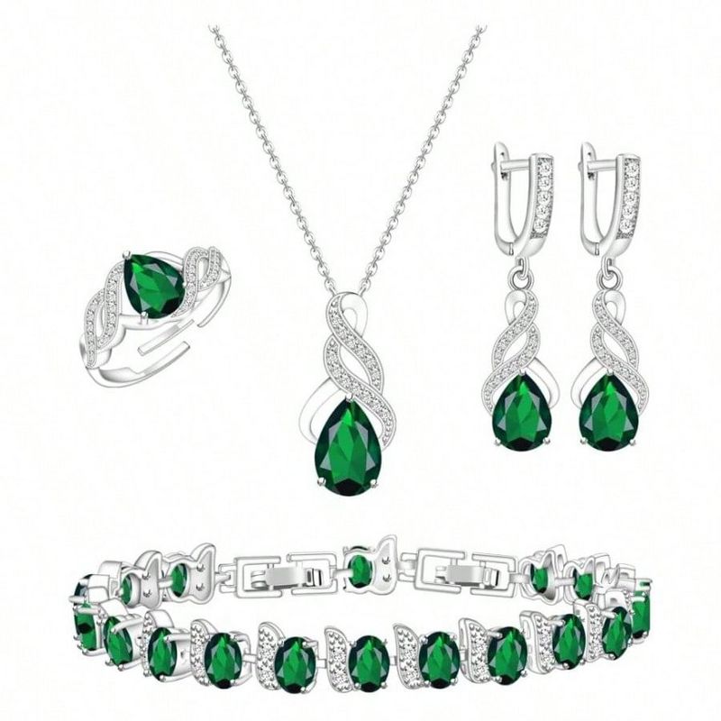 4-Piece Formal Jewelry Set: Teardrop Necklace, Earrings, Adjustable Ring & Bracelet for Women green Standard